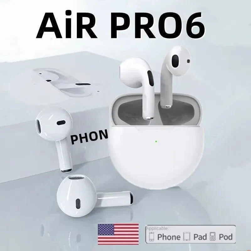 Air Pro 6 TWS Fones De Ouvido Sem Fio Bluetooth, Fones De Ouvido Originais, Mini Fones De Ouvido, Fones De Ouvido para Xiaomi, Android, Apple, iPhone